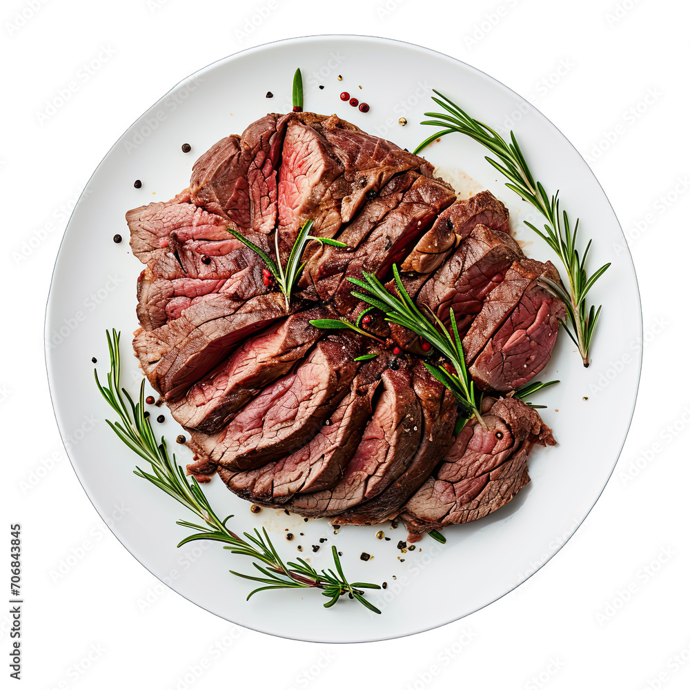 Plate of Roast Beef isolated on white background, top view