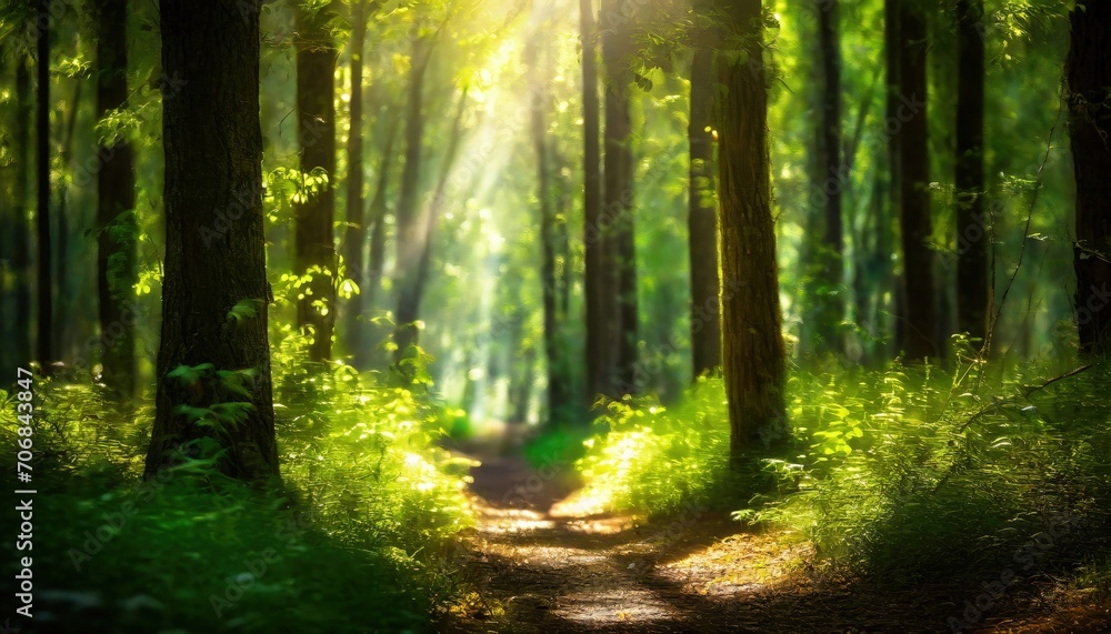 Naklejka premium sun rays through the forest