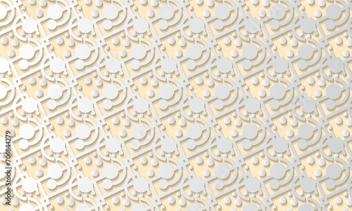 Seamless geometric pattern based on traditional islamic art. White on yellow background.