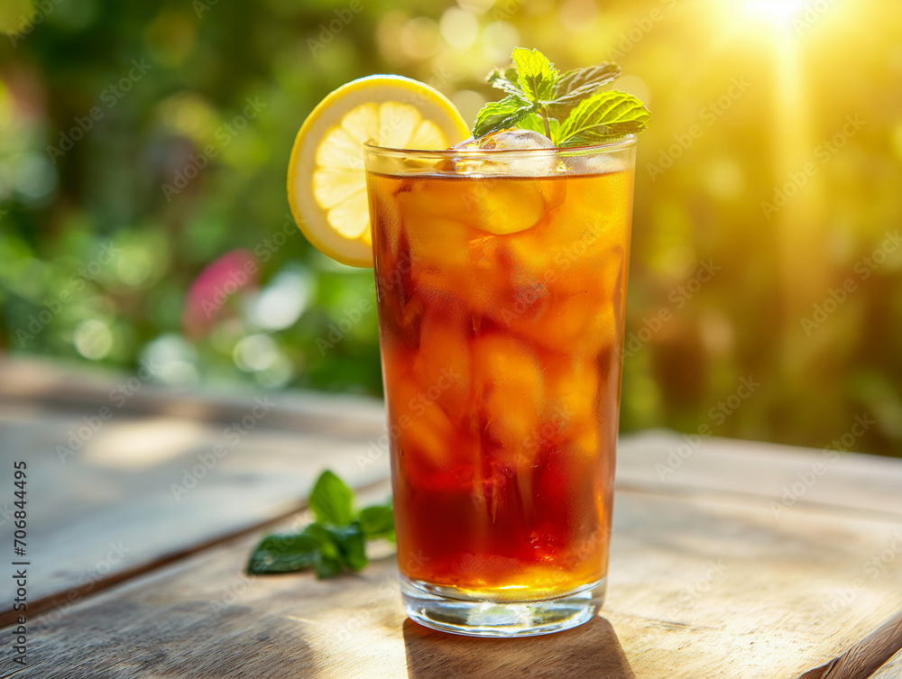 Rooibos Tea Iced Refreshment. Zoom in on a glass filled with iced Rooibos tea, garnished with lemon or mint. Rooibos Tea Iced Refreshment. Zoom in on a glass filled with iced Rooibos tea, garnished with lemon or mint.