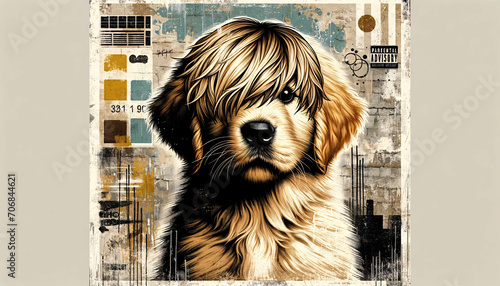 A golden retriever puppy with bangs in a grunge style. 