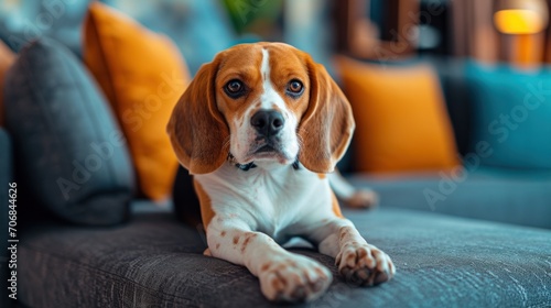 Portrait of a Beagle lying comfortably on a couch with a serious expression.