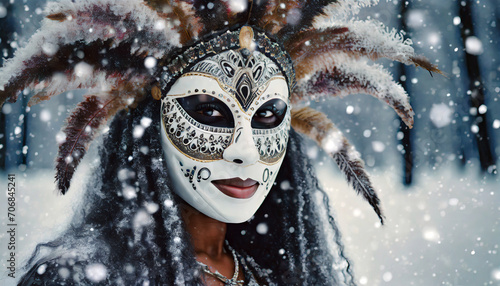 African Woman Wearing a Voodoo Mask
