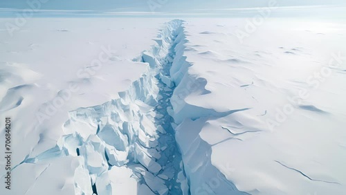 The quiet stillness of a frozen landscape is shattered by the captivating sight of a colossal ice shelf cracking apart, captured by a drone high above. photo