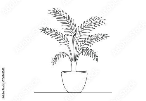 Continuous one line drawing of a flower in a pot. Houseplant single line drawing. Black and white background vector illustration. Pro vector.