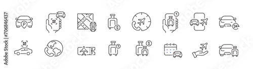 Airport car rental service. International locations, app qr code unlocking, luggage included. Pixel perfect, editable stroke icons set
