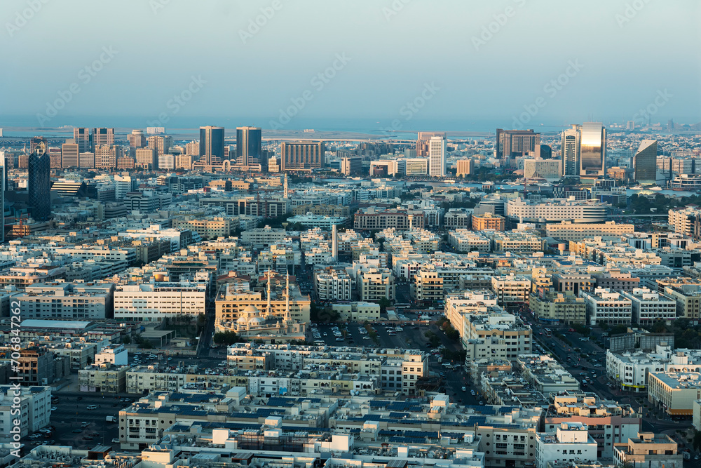 aerial view. residential area of dubai in the evening view from above.