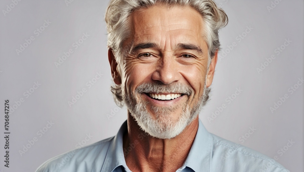 Fototapeta premium A close-up photo capturing the warm smile of a mature man with clean teeth, perfect for a dental ad. The gentleman features fresh, stylish hair and a well-groomed beard, showcasing a strong jawline