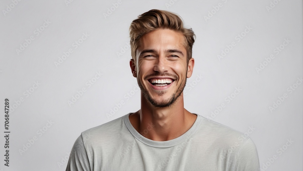 A professionally captured studio portrait featuring a handsome young white American man model, showcasing a joyful laugh and a radiant smile with perfect, clean teeth. Ideal for advertisements