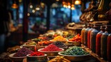 The rich and varied colors of spices in a bustling spice market