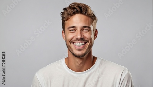 A professionally captured studio portrait featuring a handsome young white American man model, showcasing a joyful laugh and a radiant smile with perfect, clean teeth. Ideal for advertisements