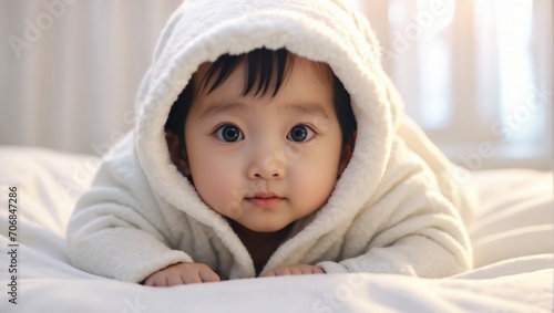 An adorable image of a little Asian baby wrapped in a soft white blanket, lying on a bed. This charming picture, with big beautiful eyes and a tiny nose, is perfect for advertisements