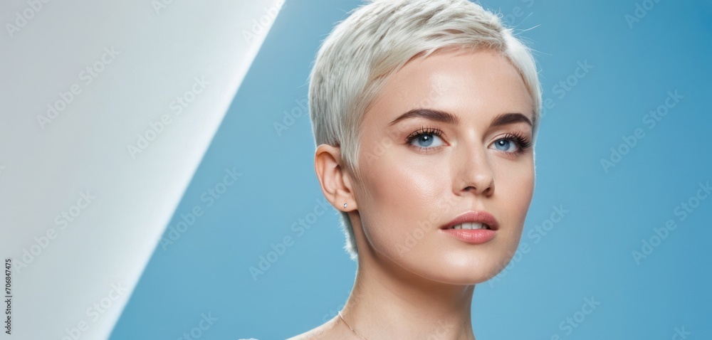 a close up of a woman with a short white haircut and a necklace on her necklace is looking at the camera. a close up of a woman with a short white haircut and a necklace on her necklace is looking at the camera.