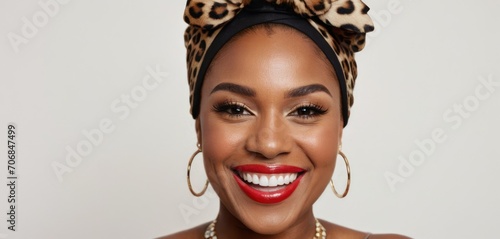  a close up of a person with a smile on her face and a leopard print headband on her head.