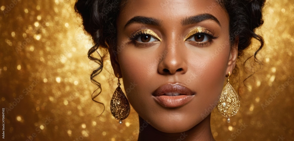 a close up of a woman's face with gold glitter on her face and gold earrings on her head. a close up of a woman's face with gold glitter on her face and gold earrings on her head.