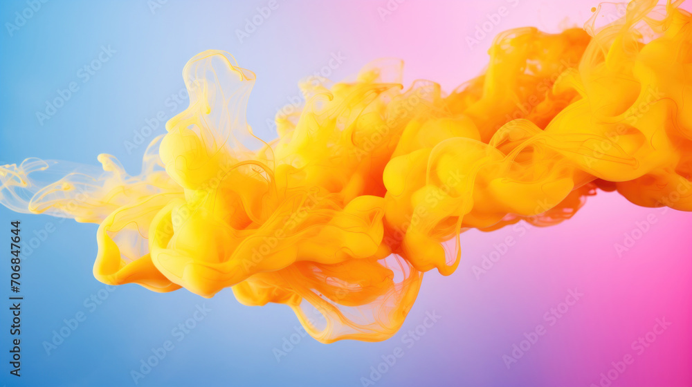 Abstract art of yellow smoke plumes swirling against a blue and pink gradient backdrop. Abstract art of yellow smoke plumes swirling against a blue and pink gradient backdrop.