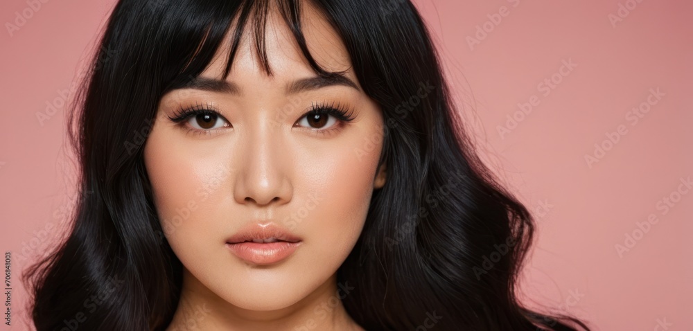 a close up of a woman's face with long black hair and brown eyeshadow on a pink background. a close up of a woman's face with long black hair and brown eyeshadow on a pink background.