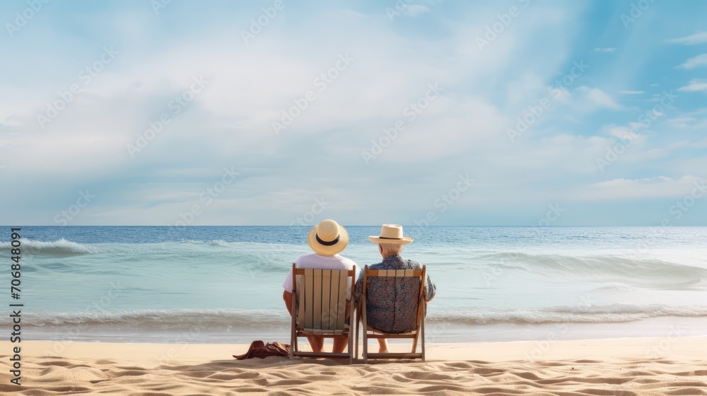 A man and a woman are sitting on the beach, overlooking the sea.