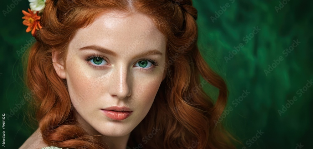  a woman with red hair and a flower in her hair is looking at the camera with a serious look on her face.