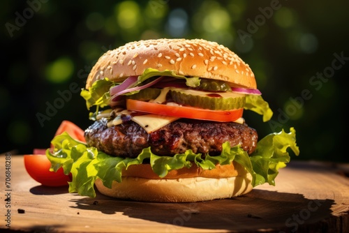 Mouthwatering burger with perfectly melted cheese and a juicy beef patty  served on a rustic wooden board.