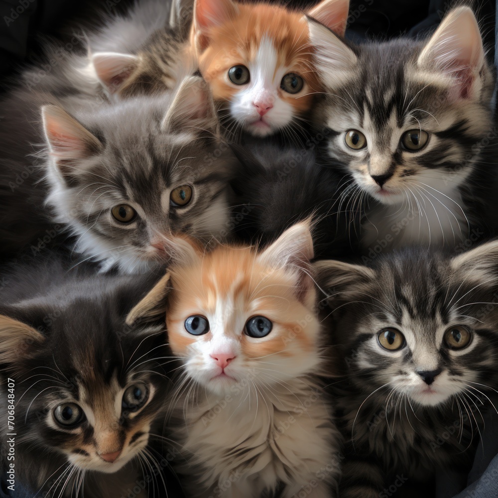 Multiple kittens packed together, varying in fur color.