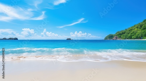 Nature s tropical beauty unfolds on the sandy beach  where the azure sea meets the blue sky in perfect harmony.