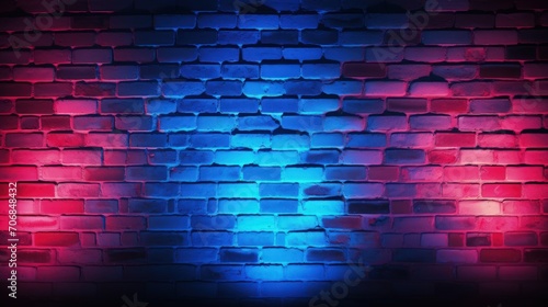 Neon lights on brick walls create a textured background with a vibrant blend of red and blue lighting effects.