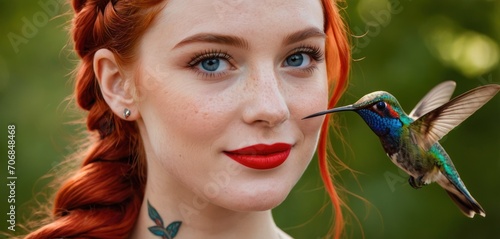  a woman with red hair and blue eyes has a hummingbird on her nose and a hummingbird on her nose.