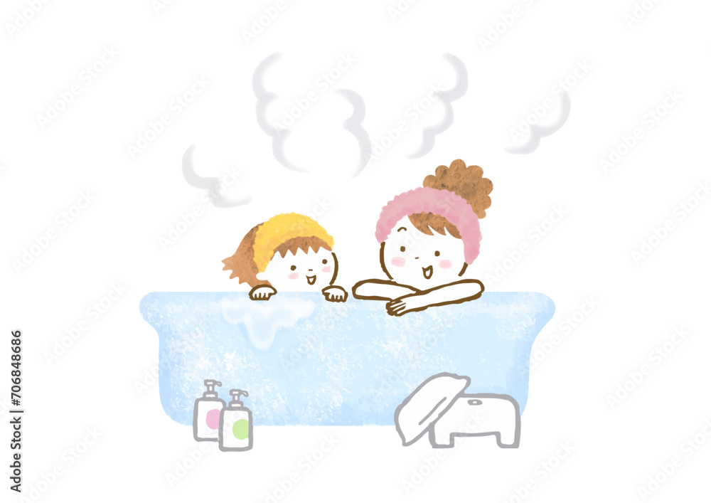 お風呂に入っている母親と娘の手描きイラスト お風呂に入っている母親と娘の手描きイラスト