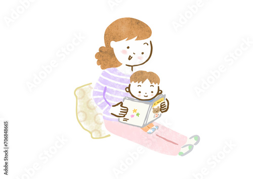 息子を膝に乗せて絵本の読み聞かせをする母親の手描きイラスト