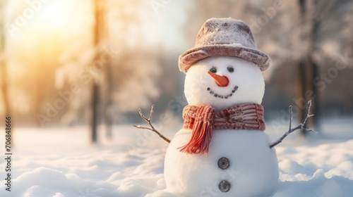 A snowman with a red scarf