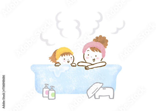 お風呂に入っている母親と娘の手描きイラスト