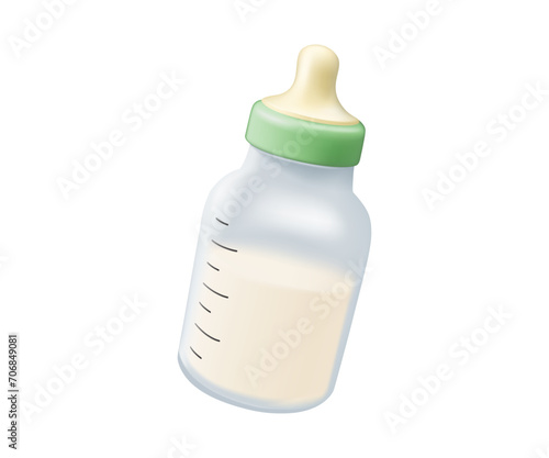 Baby milk bottle 3D icon. Nutrition in the plastic container for a newborn. White drink, dairy product. Isolated vector illustration in 3D cartoon style