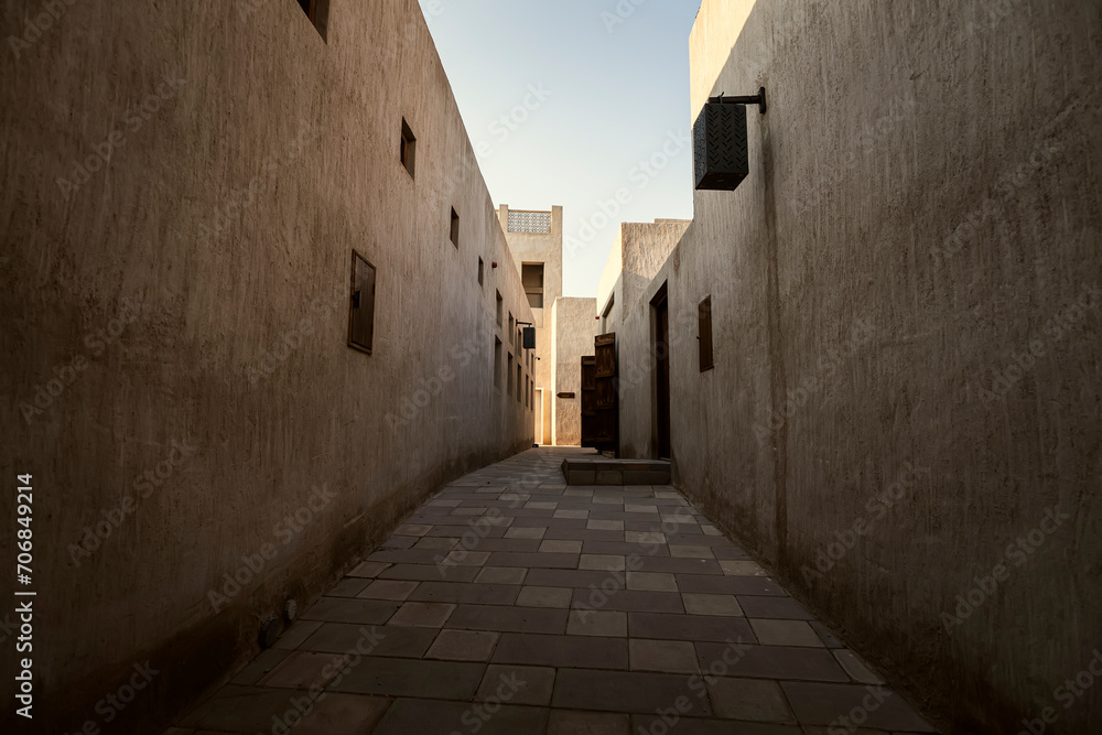 Old Dubai. Traditional Arabic streets in historical Al Fahidi district, Al Bastakiya. Dubai, United Arab Emirates