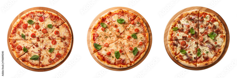 Italian pizza on wooden pizza board top view slated on white background