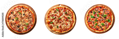 Italian pizza on wooden pizza board top view slated on white background