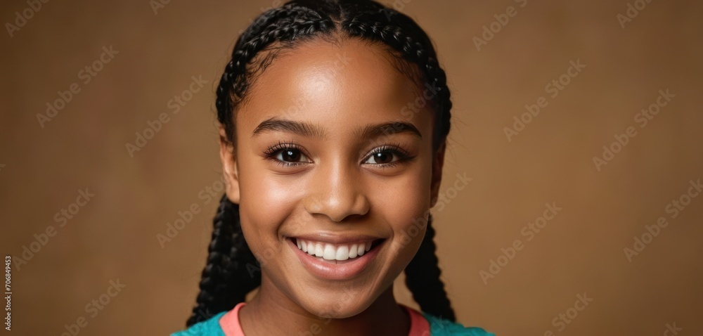 a smiling young girl with braids on her hair, wearing a green shirt and a pink and blue t - shirt. a smiling young girl with braids on her hair, wearing a green shirt and a pink and blue t - shirt.