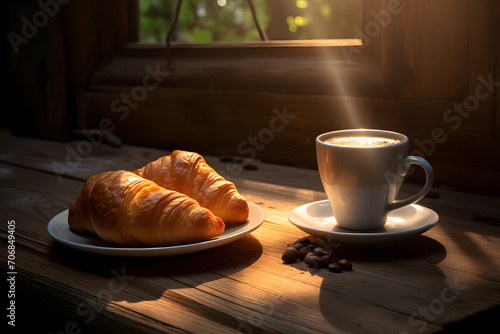 A cup of coffee and a croissant on a wooden table