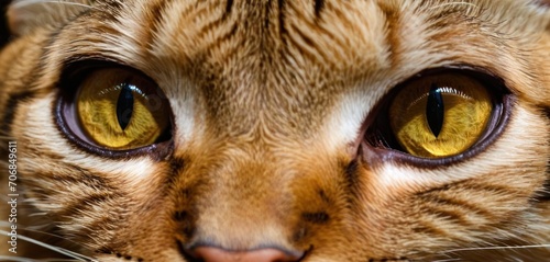  a close - up of a cat's face with yellow eyes and whiskers on it's fur.
