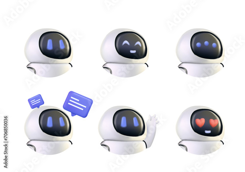 Chatbot 3d vector icon set. Bot, chat, chatbot, conversation, message, mobile, robot, web. Isolated on white background. 3d icon vector render illustration