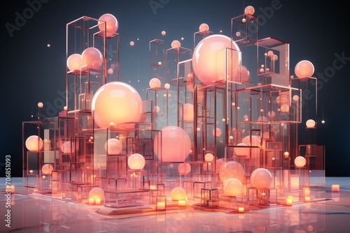 Collage Build Incorporating Illuminated Geometric Shapes, on an isolated Illumination Pink background, Generative AI.