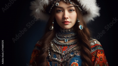 Portrait of a young Turkic girl in national dress.