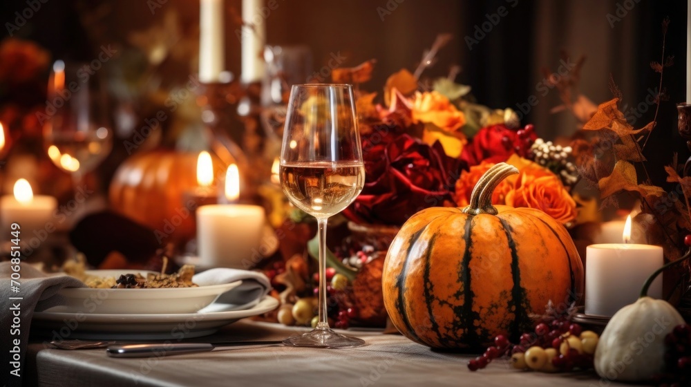 Beautifully decorated Thanksgiving table with a centerpiece of pumpkins and autumn leaves