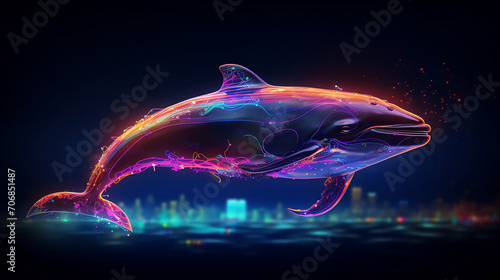 Neon whale on a black background. photo