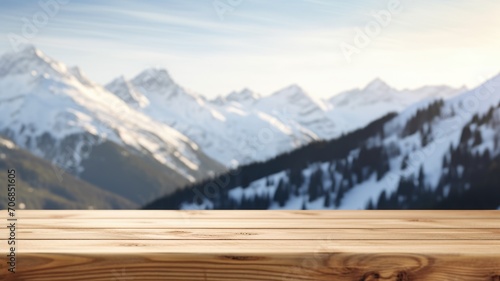 The empty wooden table top with blur background of Alpine with snow capped. Exuberant image. generative ai