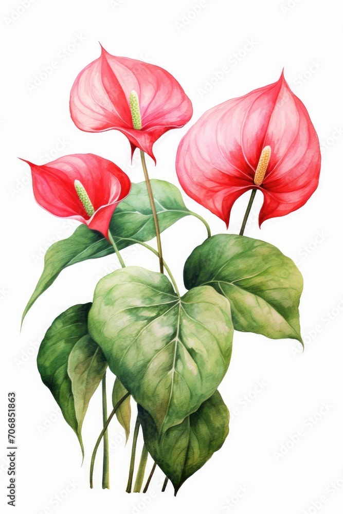 Anthurium on an isolated white background. leaf and flower, botanical watercolor illustration, floral element Anthurium on an isolated white background. leaf and flower, botanical watercolor illustration, floral element