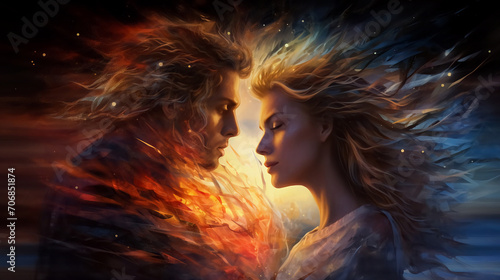 Love between a man and a woman. Concept: interaction between fire and water, twin flames, karmic relationships, soul mates. photo