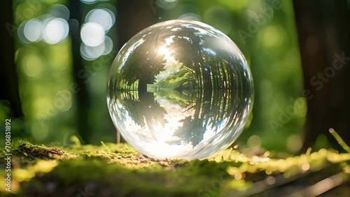 An upclose view of a small, transparent sphere that can reflect light in a way that makes objects hidden behind it appear invisible.