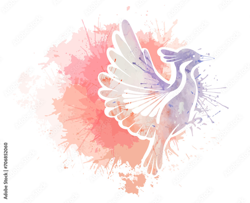 Obraz premium Vector illustration of a stylized bird with watercolor splatters on a white background. Painting of the silhouette of a flying bird with dye sprays.