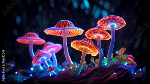Magic neon mushrooms glow in the night forest.